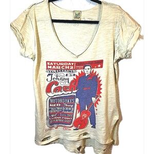 Vintage Johnny Cash Distressed Graphic T-Shirt - Cream Size S/M